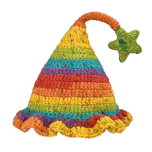 Hshsclth Crochet Elf Hats for Kids Adults Colorful Rainbow Striped Winter Beanie with Pompom or Star Cute Gnome Witch Hat (US, Alpha, One Size, Medium, Kids Adults Beanie with Satr)
