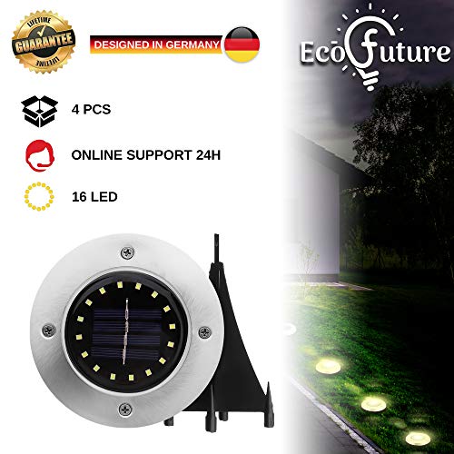 Preisvergleich Produktbild [LEBENSLANGE GARANTIE], 4 Stück, Gartenlichter Solar Betrieben, 16 Led Solar Aussenleuchte, Wasserfeste Integrierte Batterie IP 65, Disk Lights, Solarbodenleuchte für Außen (Warmes Licht)