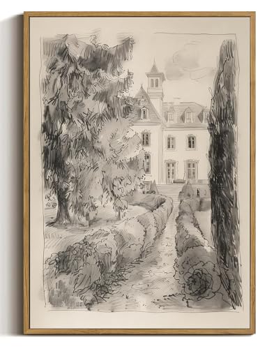 WALLZK Vintage Framed Wall Art French Country Sketch Canvas Prints Neutral Landscape Cottagecore Decor Pictures Artwork for Walls Living Room Bedroom Bathroom 8'x10'
