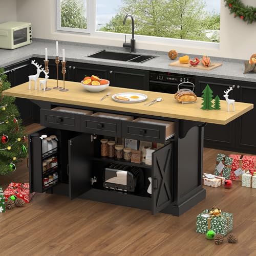 71" Kitchen Island with Power Outlet & Drop Leaf, Kitchen Island Table with 3 Drawers, Stationary Kitchen Islands with Trash Storage Cabinet & 3 Storage Rack, Spice Rack, Island Table for Kitchen