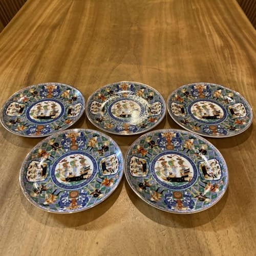 Arita Ware Yamato Deluxe Porcelain Imari Painting Dutch Ship Nanban Man Plate, Five Plates