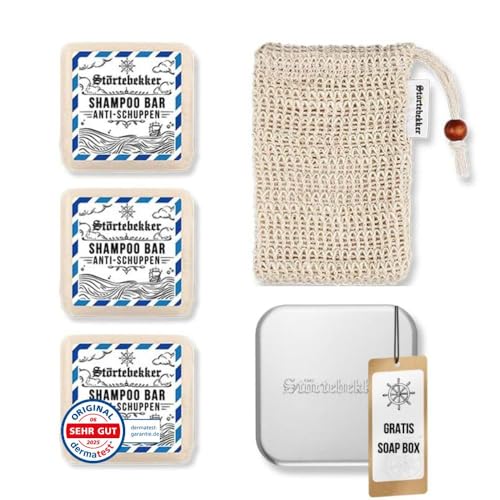 Störtebekker - Set de ducha premium – Champú sólido anticaspa (x3), bolsa de sisal + lata de jabón de aluminio – Juego de barra de champú para cabello, cuero cabelludo y barba – Hecho a mano en