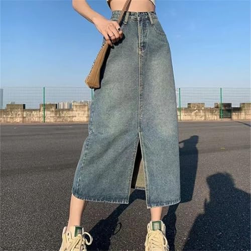 Women Summer High-Waist Slit Denim Skirt Washed Retro A- Line Solid Straight Long Skirt4