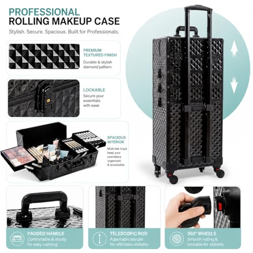 Image of SHAMAX Professional Rolling Makeup Case, Cosmetic Organizer Trolley, Manicure Storage Vanity Locks- Trolley for Hairdressers, Salons, Beauty Lovers - 360- Degree Universal Wheels (ABD4 Trolley)