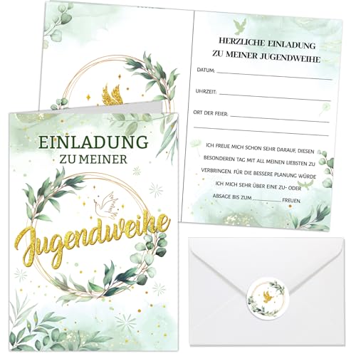 HOWAF 12 Einladungskarten Jugendweihe Junge Mädchen Karte Jugendweihe Einladungskarten mit Umschlägen Aufkleber Einladung Endlich Erwachsen Eucalyptus für Jugendfeier Party