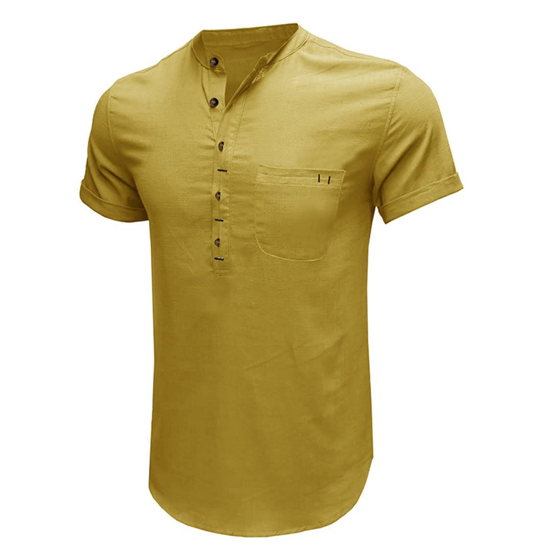 Maglietta da uomo in cotone e lino camicia casual Henley a maniche corte, Come mostrato, S
