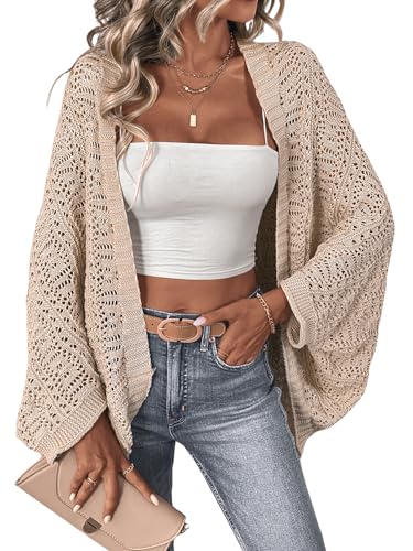 SHENHE Women's Open Front Loose Hollow Out Casual Dolman Sleeve Asymmetrical Cardigan