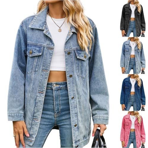 Womens Boyfriend Denim Jackets Distressed Ripped Long Sleeve Trucker Jackets Lightweight Lapel Wash Jean Jacket