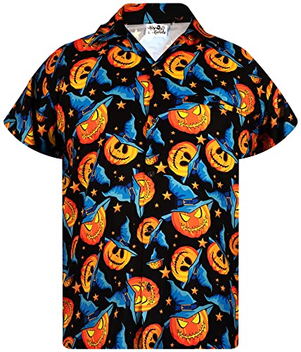 King Kameha Camisa hawaiana para hombre, divertida, casual, con botones, manga corta, unisex, Halloween, aterrador, calabaza, horror, Sombrero de calabaza Multi Azul, XL Cover