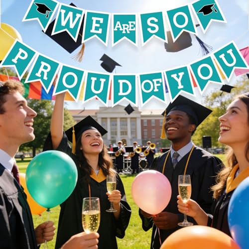 Image of Teal We Are So Proud Of You Banner Congrats Grad Cap Bunting Flag Grad Party Decoration Idea