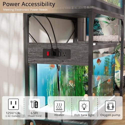 Image of VOWNER 20-29 Gallon Fish Tank Stand with Power Outlet, Wood Aquarium Stand with Shelves for Fish Tank Accessories Storage, Heavy Duty Metal Frame, Turtle Reptile Terrarium Stand, Load 500lb, Grey