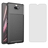 Phone Case for Sony Xperia 10 Plus with Tempered Glass Screen Protector Cover and Cell Accessories Slim Thin Rugged Soft TPU Silicone Carbon Fiber Sony Experia XA3 Ultra 10Plus 10+ Cases Women Black