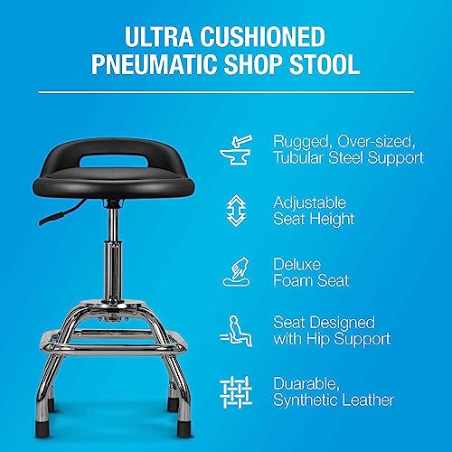 Image of Type S Shop Stool with Backrest - Adjustable Garage & Workshop Stool, 360 Swivel with Footrest, Padded Seat & Lumbar Support, Heavy-Duty Steel Frame, 22-28 inch Height