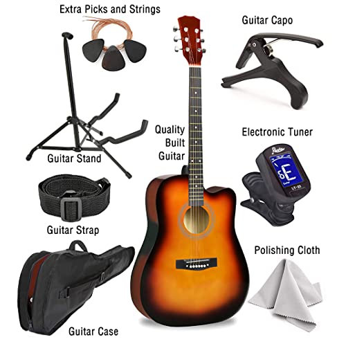 Master-Play Beginner Full Size 41” Wood Cutaway All String Acoustic Guitar, With Bonus Accessories Kit; Case, Strap, Capo, Extra Strings, Picks, Tuner, Wash Cloth, Stand (Sunburst) #TOP1