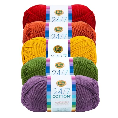 Image of Lion Brand Yarn, 24 /7 Cotton Mercerized Lightweight Yarn for Knitting, Crochet, and Crafts, Marquee, 5 Pack, Multicolor Pack of Natural Fiber for Breathable Tops, Durable Bags, and Dish Cloths