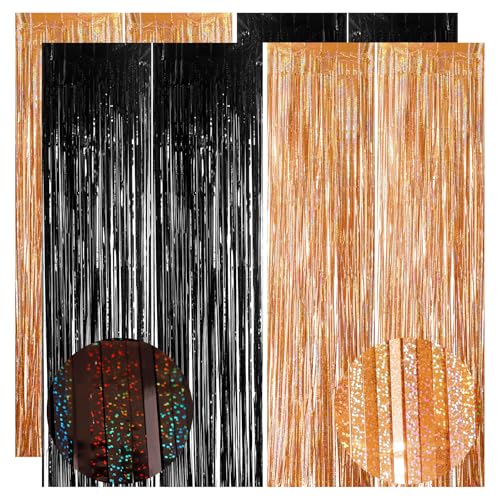 YAAVAAW 4pcs 3.2 x 8.3ft Glitter Black and Orange Tinsel Curtain Halloween Foil Curtain Door Streamers Fringe Backdrop Halloween Party Decorations Backdrop Banner for Indoor Home School Office