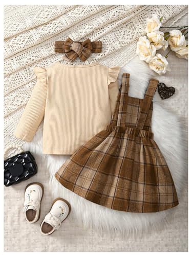 MakeMeChic Toddler Baby Girl's 3 Piece Outfits Rib Knitted Long Sleeve Sweater and Plaid Overall Dress Set with Headband2