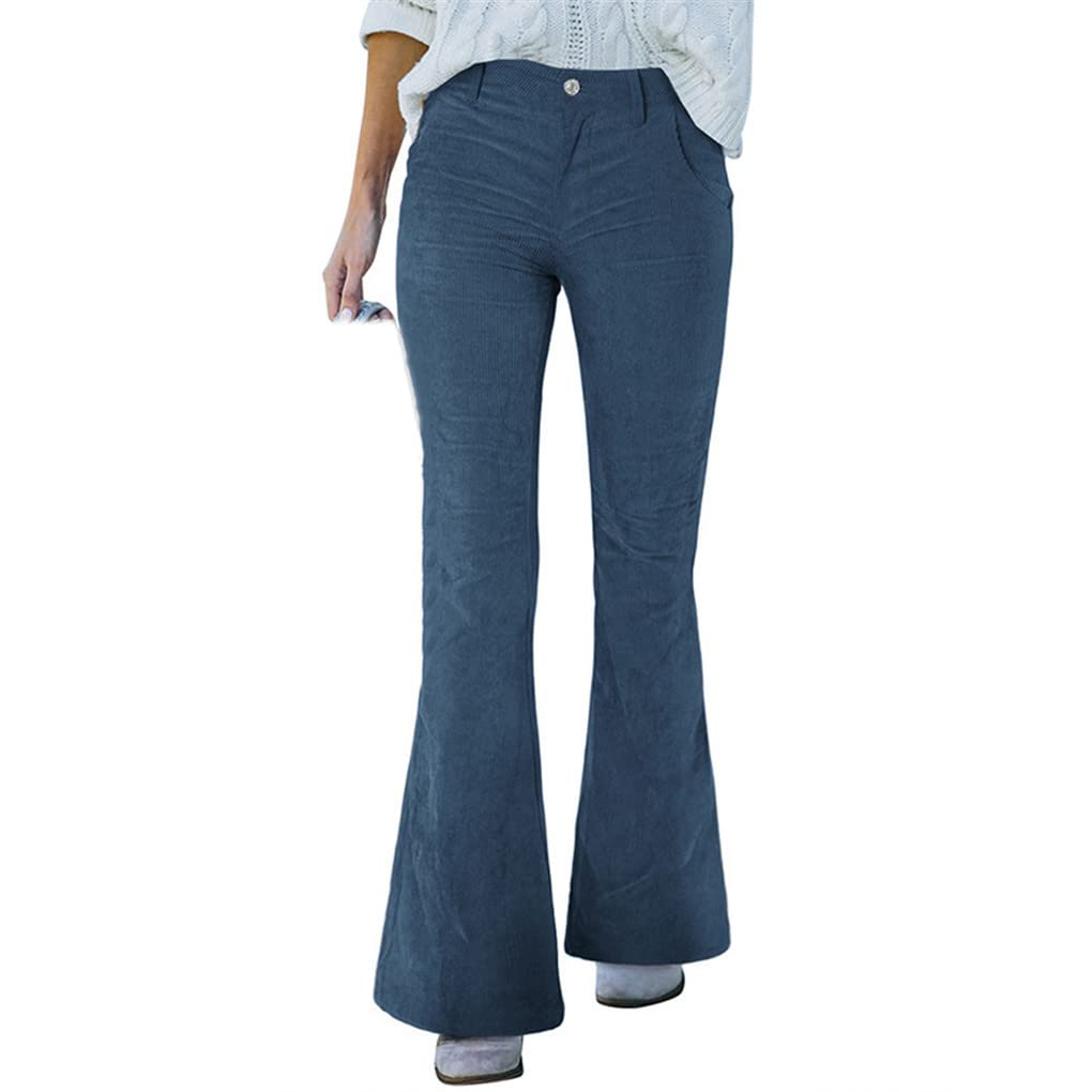 Pantaloni a gamba larga slim in velluto a coste stile ragazza pantaloni svasati casual primavera e autunno, Blu, XL