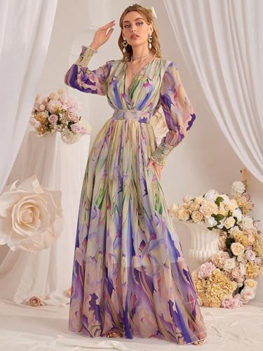 Image of TOLEEN Summer Casual Dresses for Women 2024 Spring Fashion Boho V Neck Long Sleeve Ruffle Floral Print Elegant Maxi Dress