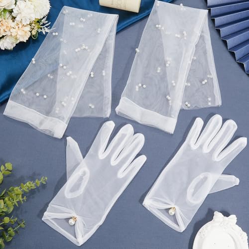 2 Pieces Set Separate Sheer White Mesh Pearl Short Gloves Long Arm Elbow Length Finger Lace Transparent Sleeves Polyester Glove for Women Wedding Bridal Birthday Party Opera Costume3