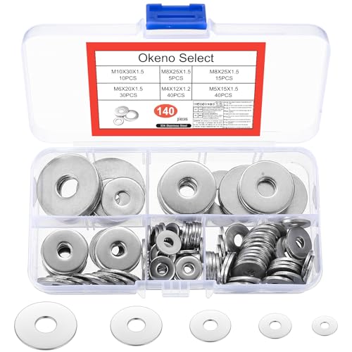 Okeno Select 140 Stück Edelstahl Unterlegscheiben Edelstahl, Flach Unterlegscheiben Set, Metall Karosseriescheiben Sortiment, Beilagscheiben Sortiment für Schrauben & Muttern(M4 M5 M6 M8 M10)
