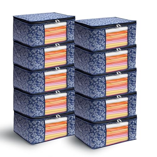 Image of Flower Printed Saree Covers for Cloth Storage & Wardrobe | Transparent Window, Zipper Closure | Blue | Pack of 10 | Dustproof, Breathable, Travel & Home Use