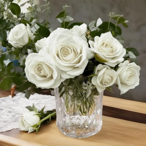 WENSINL 10 Pieces Artificial Flowers White Roses Bouquet Fake Roses for Valentine\'s Day Birthday Party Wedding Engagement Anniversaries Home Table Decoration (White, 10 PCS)