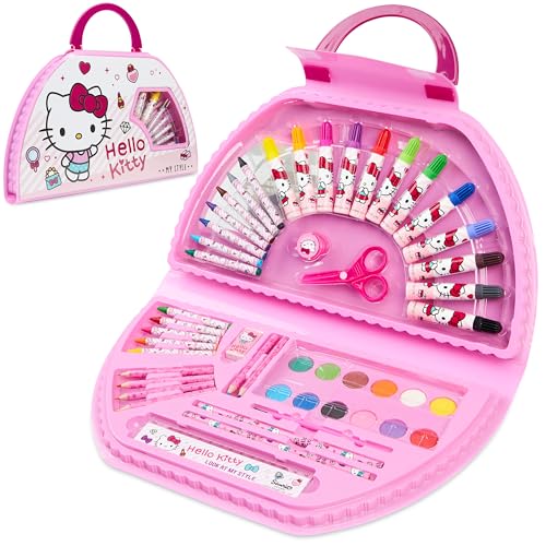 Hello Kitty Sanrio Coffret de Dessin Enfant, Kit Coloriage et Peinture, Crayons Feutres et Accessoires, Fournitures Kawaii en Mallette, Idée Cadeau Fille (Rose Hello...