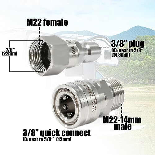Image of Tool Daily Pressure Washer Adapter Set with Swivel, M22 14mm to 3 /8 inch Quick Connect, Stainless Steel Quick Disconnect Swivel for Power Washer Hose, 5000 PSI