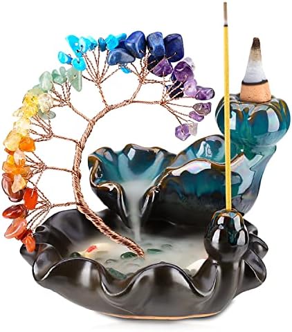 Backflow Incense Burner Ceramic Incense Waterfall 7 Chakras Crystal Tree Incense Holder Namaste Yoga Meditation and Home Decor