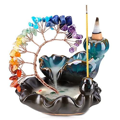 Backflow Incense Burner Ceramic Incense Waterfall 7 Chakras Crystal Tree Incense Holder Namaste Yoga...