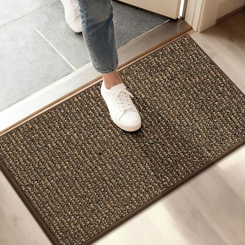 Image of BEQHAUSE Dirt Trapper Door Mat 17 inch x 30 inch, Non-Slip Doormats (Rolled-Up NO Creases) Washable Entryway Rugs, Dirt Resist and Absorbent Welcome Mat, Low Profile Floor Mats for Front Back Door, Brown