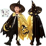 [GOKEI] ハロウィン コスプレ 子供 子供 マント 帽子付き タトゥーシール２枚 仮装 コスプレ服 キッズ 魔女 魔法使い 男の子 女の子 パーティー イベント キラキラ ポンチョ とんがり帽子 演出服 ハロウィン専用 コスチューム 衣装