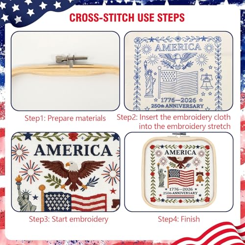 Image of US 250th Anniversary Embroidery Kit, Patriotic Cross Stitch Kits, DIY Embroidery Kits for Adults with 1776-2026 Flag Pattern, 20cm Hoop, Threads, Needles & Instructions for Veterans Military Fans