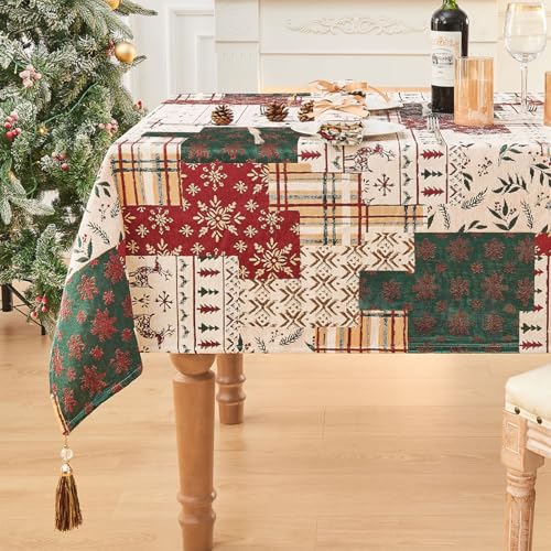 TOPLUXE Mantel de Tela Navideño Mantel Rectangular, Cubierta de Mesa para Decoración Navideña de Comedor/Restaurante/Fiesta Navidad (140x200cm, Patchwork)