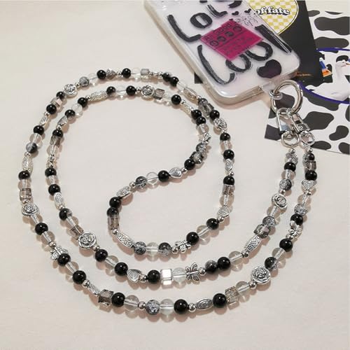 [CSILOVEE] スマホストラップ ストラップ ビーズ ショルダー 蝶 花 真珠 パール 蝶結び ブラック ピンク キラキラ カラフル 活発で可愛い おしゃれ 人気 斜め掛け 着脱簡単 全スマホ対応 忘れ物防止 耐久性 韓国 タグ1枚付き (69cm, ブラック)