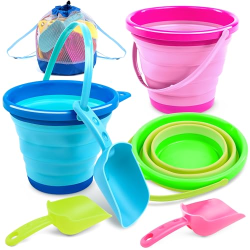 JOYIN Faltbarer Eimer mit Schaufeln und Netztasche, Mehrzweckeimer für Strand, Campingausrüstung, Strandparty, Angeln und lustige Sommeraktivitäten, 3 Packungen (blau/rosa/grün)