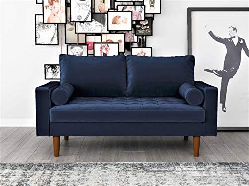 Womble 58 Inch Velvet Loveseat Sofa with Elegant Button Tufted Upholstery, Square Arms, Splayed Wood Legs, Includes Matching Bolster Pillows, Space Blue
