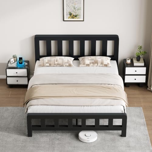 Image of Queen Size Metal Platform Bed Frame with Movable USB Charging Ports | 2000 Lbs Heavy Duty Noise-Free Steel Slats, 10 inch Under Bed Storage, Thickened Vertical Slatted Headboard, for Teens Dorm Adult