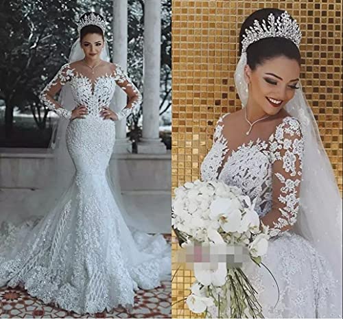 Church Mermaid Wedding Dresses Court Train Formal Long Sleeve V Neck Lace with Appliques Bridal Gowns4