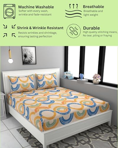 Image of 300 Tc Bedsheet for Double Bed King Size 78x72 Inches with 2 Standard Size 17x27 Inches Pillow Covers 8 Inches Mattress with Deep Pocket - Mix Circle Pattern Printed, cotton