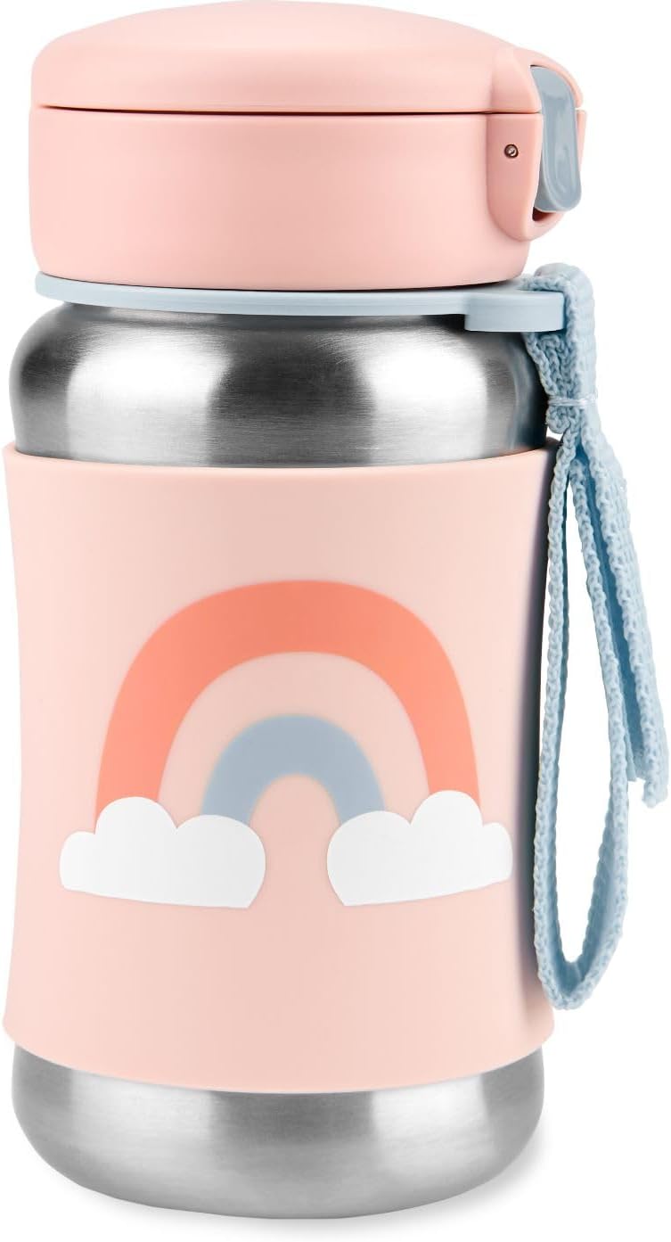 Spark Style Stainless Steel Kids Straw Water Bottle, Leak-Proof, Portable Thermos, Non-Slip Silicone Sleeve, Pop-Up Lid, Dishwasher Safe, BPA-Free, For Kids 1+, 350 Ml, Sky Design
