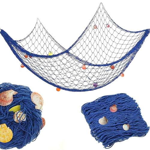 Filet de Peche Decoratif,1M * 2M Décoration en Résille avec 9 pièces de Coquilles,Filet Mural Bleu,Décoration Murale Maritime pour Décoration...