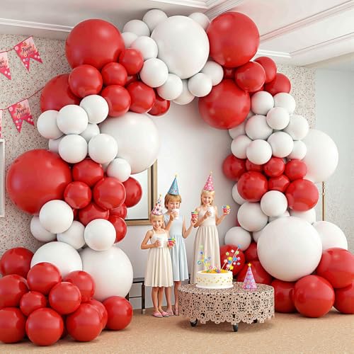Image of 412Pcs Red and White Balloon Garland Arch kit, 18 12 10 5 Inch Different Size Red White Latex Balloons for Graduation Birthday Wedding Party Valentine's Day Decoration