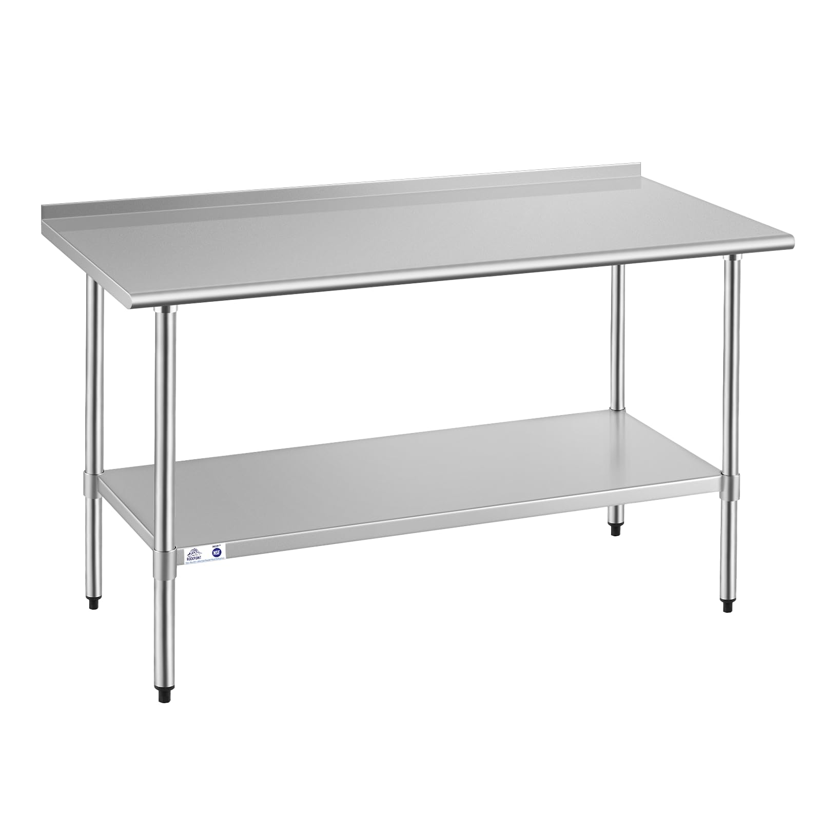 ROCKPOINT Stainless Steel Table for Prep &amp; Work with Backsplash 30x60 Inches, NSF Metal Commercial Kitchen Heavy Duty Table with Adjustable Under Shelf and Table Foot for Restaurant, Home and Hotel