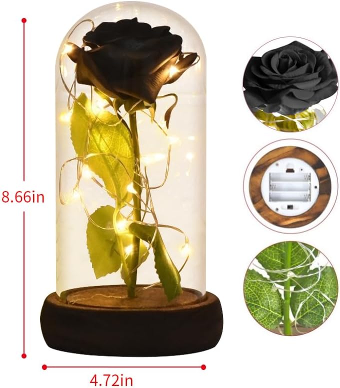 Miniatura 5 de Rosa preservada para mamá, rosa de seda roja en cúpula de cristal con base de luces LED, regalos románticos para decoración del hogar para el día de