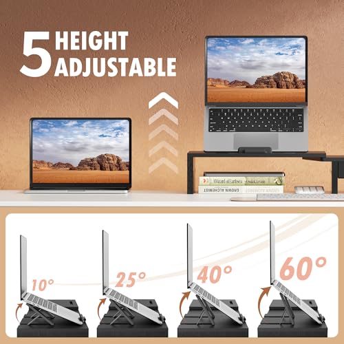 AFOOYO 43.3 Inch Dual Monitor Stand with Laptop Tray & Drawer, Ergonomic Height Angles Laptop Stand, MDF Desk Shelf for MacBook Dell HP Lenovo 10-17.3" Laptops, Black - image 3