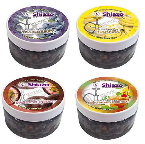 Shiazo Dampfsteine 4 x 100g Sorten Dampfsteine Shisha Mixed Blaubeere, Banane, Passionsfrucht, Long Island Iced Tea…