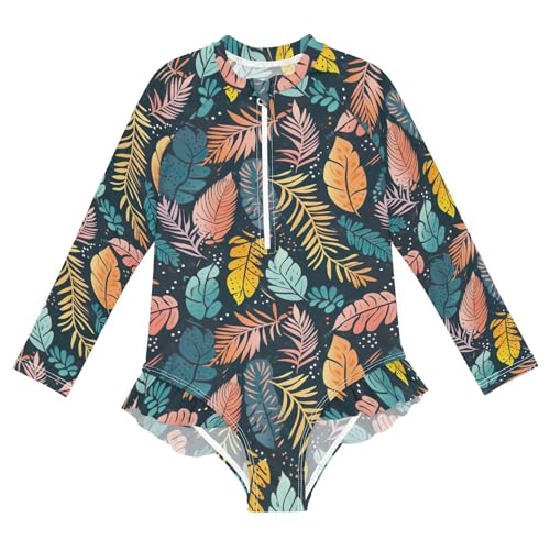 Colorful Tropical Palm Trees Leaves Girls Long Sleeve Swimsuit Rashguard Swimwear One Piece Bathing Suit 21217711