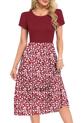 MOLERANI Damen Sommerkleider Knielang Rundhals Blumenmuster Freizeitkleid Elegant Kleider Loose Swing Damenkleid Casual Midikleid mit Taschen Rote Blume XL 2
